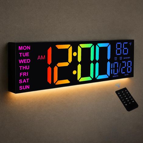 Horloge Murale numérique 8 Couleurs, Grande Horloge numérique de 41,1 cm avec température, Date, Heure d'été Automatique, veilleuse, variateur de luminosité Automatique, Horloge Murale 24/12 (1/5)
