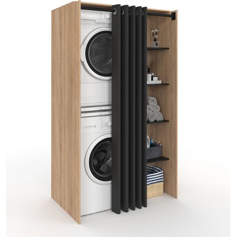 Idmarket – Meuble machine à laver double avec rideau coulissant noir – Structure bois façon hêtre – Dimensions L. 100 x l. 65 x H. 180 cm