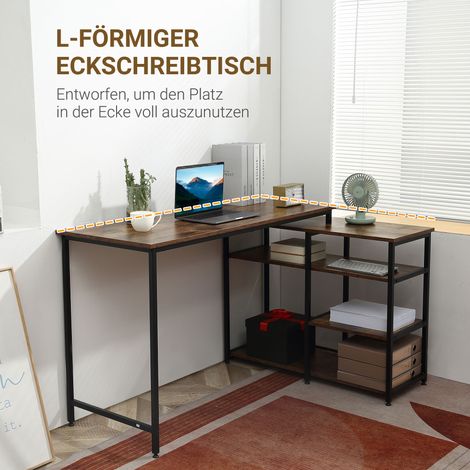 Bureau d'angle HOMCOM, en L, poste de travail PC, meuble informatique, bureau professionnel, avec étagère et tiroir, panneaux de particules et métal, marron rustique, 135 x 90 x 79 cm (1/4)