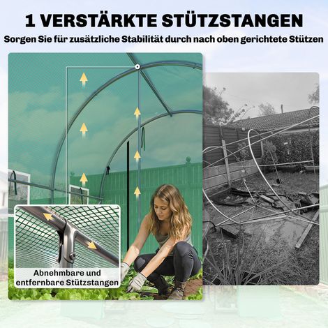 Serre de jardin 3x2x2 m en aluminium avec roulettes, 2 portes à zip et 6 fenêtres grillagées, poteaux de renfort, vert