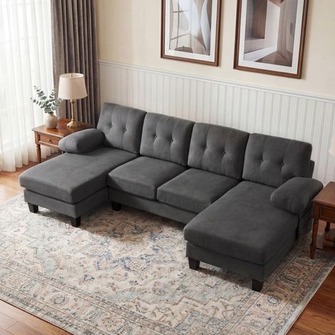 Ecksofa 4-Sitzer mit Liegefläche, verstellbarer Rückenlehne, in Chenille grau (1/5)