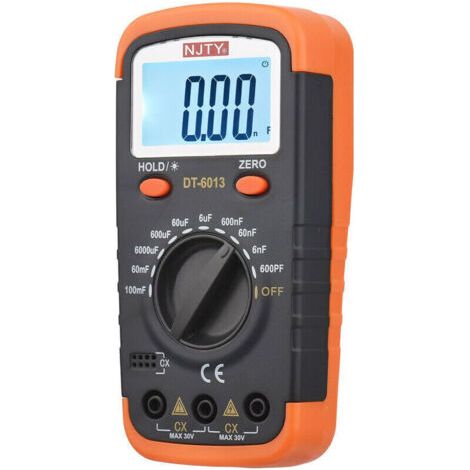 Compteur de capacité numérique avec écran LCD rétroéclairé 600pF à 100mF Kit testeur de condensateur haute précision 6000 points avec pinces crocodiles et fusibles 0,2A (noir et orange)