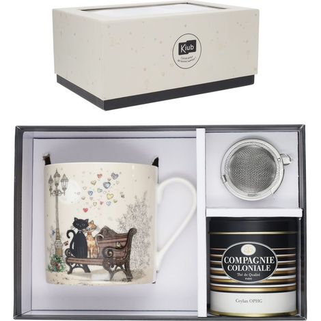 JUEGO TAZA GATO LOVE 425ML + INFUSOR + LATA TE + BOX REGALO