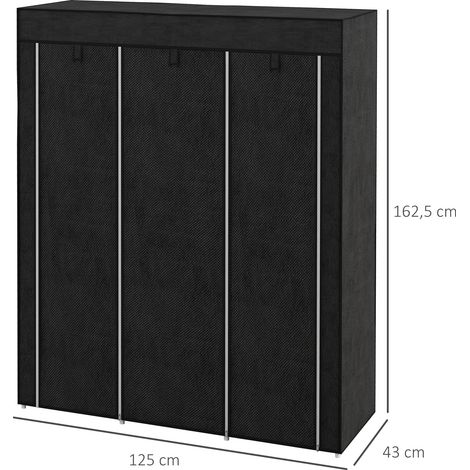 Placard textile avec barre de suspension, 8 niveaux de rangement, 125 x 43 x 162,5 cm, teinte noire, dressing compact démontable pour couloir et chambre à coucher (1/5)