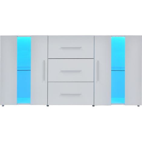 Meuble bas TV à LED 140x35x70 cm en panneaux de particules couleur chêne avec 3 tiroirs et 2 armoires (1/5)