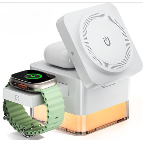 Station de charge pour iPhone Nightstand,Stand de chargeur de téléphone sans fil 15W 3in1,Dock Magsafe Cube magnétique pliable pour iPhone 17 16 15 14 13 12 série / Apple Watch / Airpods,blanc