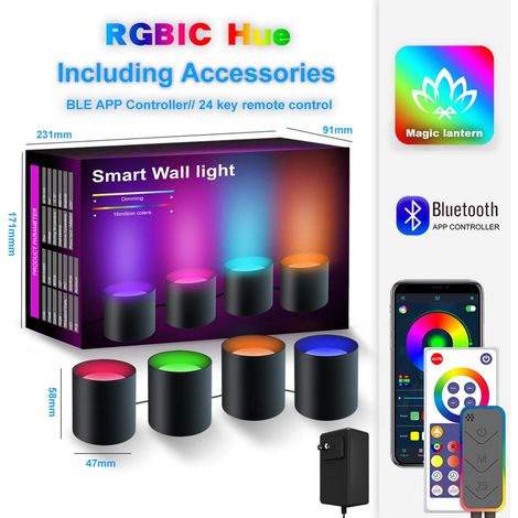Lampe Murale LED - Synchronisation Musique - WiFi et Bluetooth - Couleurs Réglables - Décoration Intérieure - 4 Unités (1/4)