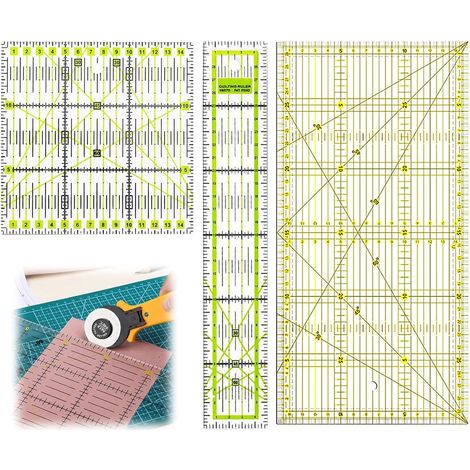 Lot de 3 règles de couture pour patchwork, patchwork et quilting. Règle transparente avec graduations d'angle et échelle. Idéale pour vos projets de couture. Dimensions : 5 x 30 cm, 15 x 15 cm et 15 x (1/5)