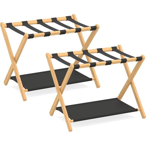 Juego de soportes plegables de bambú para equipaje con estantes de almacenamiento. (1/5)