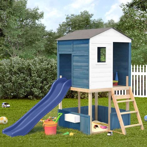 Aire de jeux avec toboggan, bois de sapin, blanc bleu gris, 145 x 131,5 x 218,5 cm - PANGIVO (1/5)