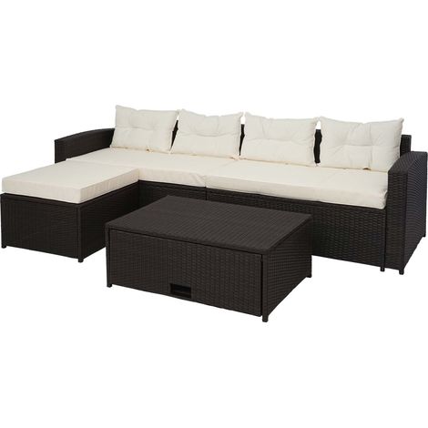 Salon de jardin en poly-rotin marron ensemble lounge balcon terrasse canapé avec rangement avec coussins crème-beige 040002823