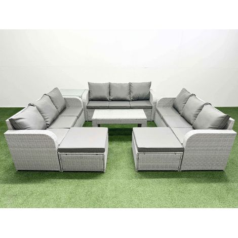 Fimous PE Rattan Lounge Sofa Set 11 Seater Outdoor Garden Furniture Set with Oblong Coffee Table 3 Seater Sofa 2 Big Footstools Side Table Light Grey (1/4)
