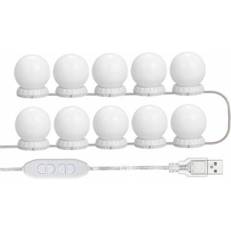 Kit D'Eclairage Miroir Led Pour Coiffeuse, Avec 10 Ampoules Reglables, 10 Luminosite Et 3 Modes D'Eclairage, Type Usb, Blanc - Blanc (1/5)