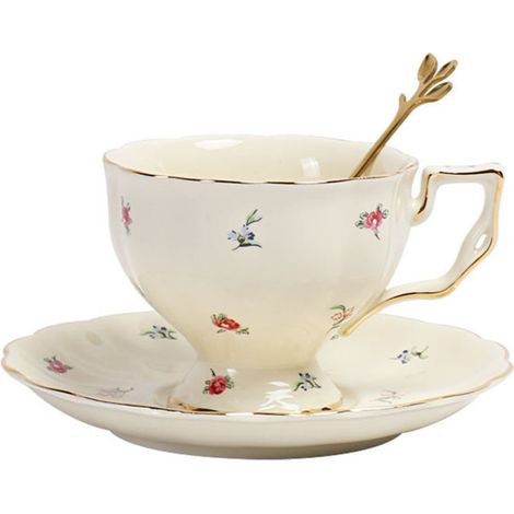 Service à café européen à motif floral, tasse et soucoupe en céramique, grande tasse à thé britannique à bordure dorée, tasse et soucoupe de restaurant français (1/5)