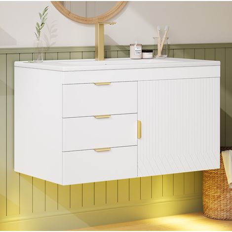 Mobile bagno sospeso 77x47x51 cm con lavabo in ceramica, illuminazione LED app, MDF bianco (1/5)