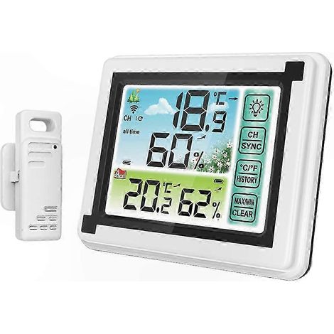 Tragbare drahtlose Wetterstation mit Touchscreen, Max/Min-Aufzeichnungen, Innen-/Außenthermometer/Hygrometer in ℃/℉, hintergrundbeleuchtetem LCD-Bildschirm und präzisem Sensor für Garten, Gewächshaus (1/5)