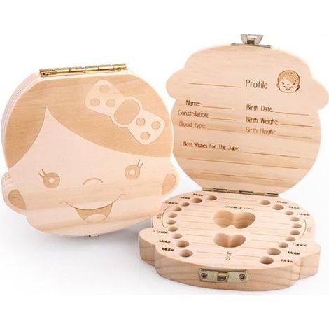 Dessin Fille Boîte à dents de lait Organisateur de 20 dents Souvenir de bébé Baby tooth box en Bois de pin (1/4)