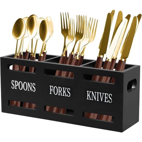 Porte-Ustensiles de Cuisine, 3 Compartiments Porte-Couverts en Bois Pots à Ustensiles pour Plan de Travail Porte-Ustensiles de Cuisine Multifonction pour Décoration de Comptoir (Noir)