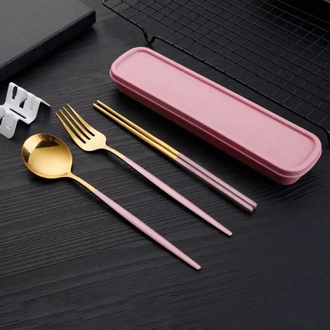 (Rose doré) Couverts fins en acier inoxydable, comprenant baguettes, fourchettes et cuillères (1/5)