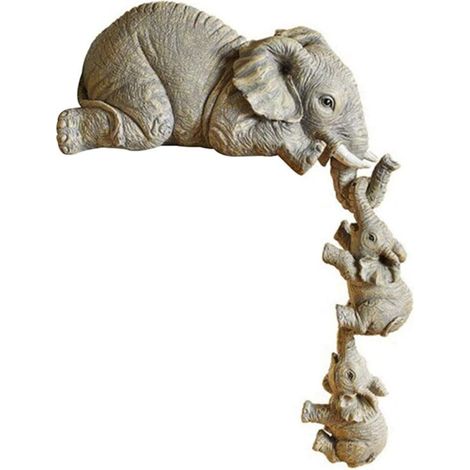 DéCorations en RéSine D'éLéPhant 3 PièCes, 1 MèRe éLéPhant et 2 BéBéS Suspendus au Bord de Statues Artisanales (1/4)