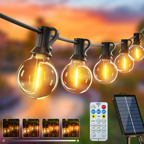 Guirlande lumière blanche chaude solaire étanche de 15 m, guirlande solaire lumineuse, avec 25 + 1 ampoules G40, 8 modes, d'extérieur, pour jardin 2700 K (1/5)