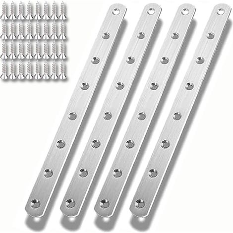 Lot de 4 connecteurs plats en acier inoxydable - 295 x 20 x 3 mm - Argenté - Connecteur en bois métallique robuste - Plaque de connexion plate avec vis - Plaque perforée pour meubles (1/5)