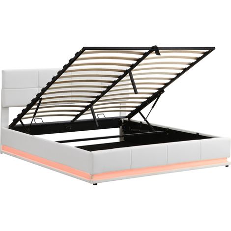 Lit double 180x200 cm avec rangement hydraulique, éclairage LED et revêtement en simili cuir blanc sans matelas (1/5)