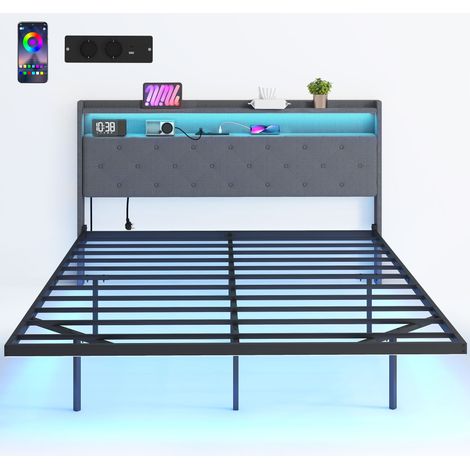 Cadre lit double suspendu gris 160x200 cm sommier acier LED RGB chargeur, lit suspendu design connecté
