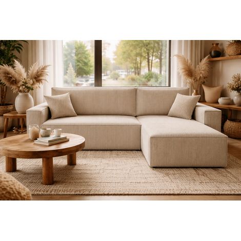 Divano angolare convertibile reversibile, velluto a coste beige, ampio vano contenitore, funzione letto, montaggio universale sinistra/destra CARLOS L - VINOTTI