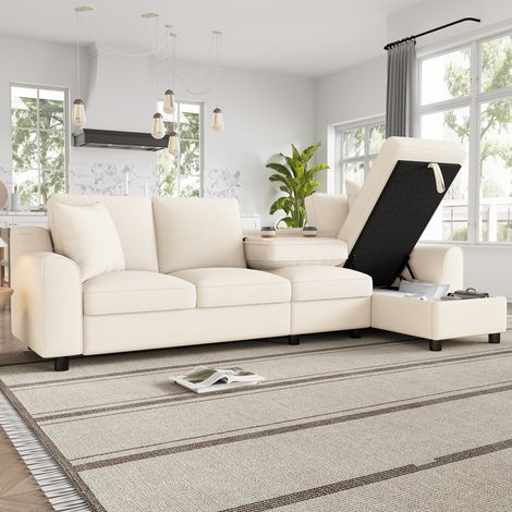 Canapé d’angle 4 places 280x136 cm avec rangement et porte-gobelets, dossier rabattable, chenille - beige