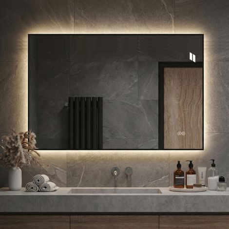 Espejo de baño LED de 50x70 cm con marco de aluminio, retroiluminado, antivaho, 3 colores de luz, regulable de forma continua, función de memoria, espejo plateado sin cobre de 5 mm. (1/5)