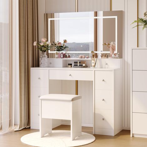 Toeletta con specchio LED touch e sgabello - Tavolo da trucco moderno con 3 colori di illuminazione e 9 cassetti - Legno ingegnerizzato e metallo - Bianco