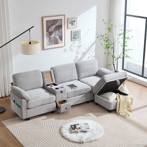 Canapé d'angle - SOGEU - Modern Comfort - Velours côtelé gris - Console amovible USB-C & porte-gobelets - Pouf coffre (1/5)