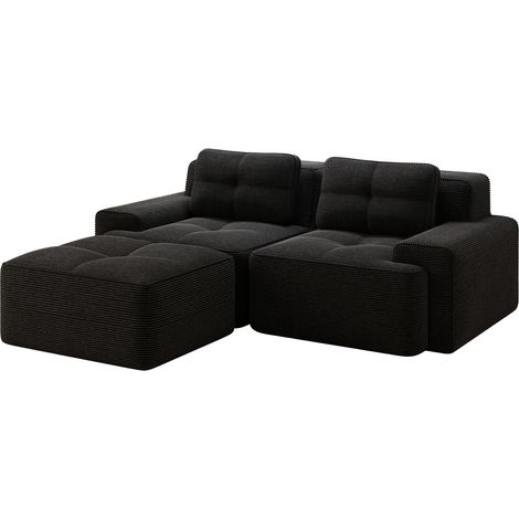 Canapé modulable sans accoudoirs en velours côtelé noir, design en L, siège profond, convertible en canapé-lit 2 places (1/5)