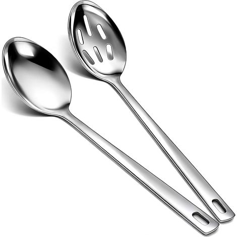 Lot de 2 cuillères de cuisine en acier inoxydable pour frire, mélanger, servir, égoutter, retourner et remuer. (1/5)