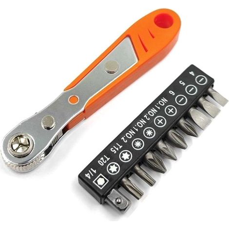 Cliquet et tournevis 10 pièces 110 mm, mini clé à rochet 1/4" avec embouts de visserie 10 modèles, entraînement 1/4 pouce haute torsion, lot compact (1/5)