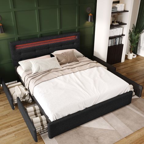 lit adulte double rangement 4 tiroirs 140x200 lin noir OKMYHOME (1/5)