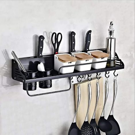 Étagère de cuisine avec 10 crochets amovibles, noir, barre de suspension, pour cuisine, salle de bain, couloir 80 cm (1/4)