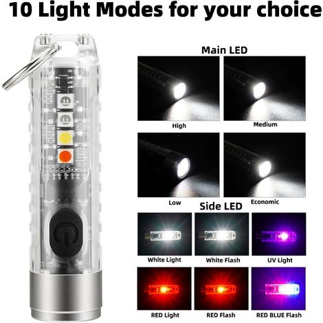 Mini lampe torche LED 400 lumens pour porte-clés, rechargeable par USB, avec éclairage latéral UV/blanc/rouge/bleu-rouge, magnétique - AquaForge (1/4)