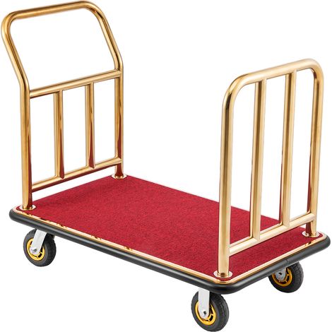 Mophorn Chariot à bagages pour hôtel, capacité maximale de 340,19 kg, conçu pour hôtels, avec structure en acier inoxydable, roues en caoutchouc de 152 mm et plateau moquetté rouge, finition dorée (1/2)