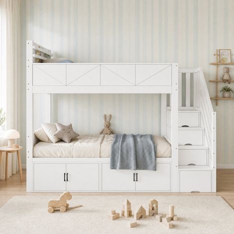 Litera 90 x 200 cm con escalera de almacenamiento, armarios y barandilla OKMYHOME (1/5)