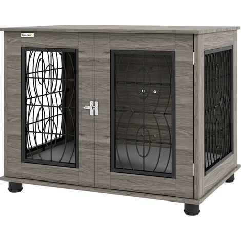 Hundebox mit waschbarem Kissen aus Metall in Holzoptik 80x56x63 cm grau MODENUIT (1/4)