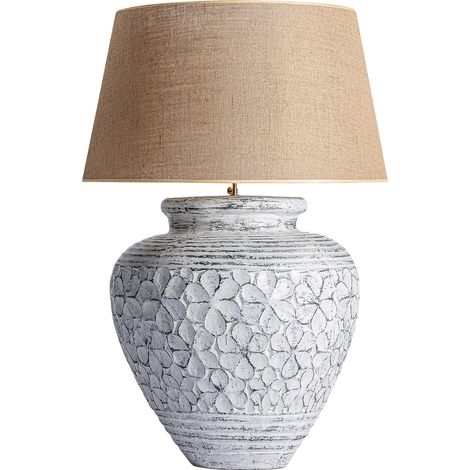 Lampe à poser en terre cuite et jute - blanc cassé patiné et jute marron