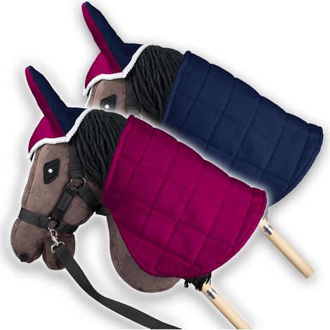 Hobby Horse Blanket and Ear Bonnet - Fuchsia and Navy Blue, Hobby Horse Accessories, Reversible Horse Rug and Fly Veil for Horse on a Stick (1/5)