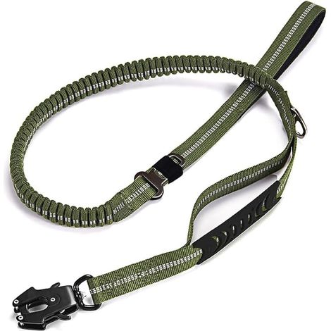 Laisse Tactique pour Chien, avec Mousqueton à dégagement Rapide, réfléchissante, Ceinture de sécurité pour Voiture, Laisse élastique résistante avec Amortisseur pour Chiens, Vert Militaire (1/5)