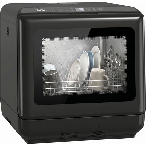 Lave-vaisselle de table avec réservoir d'eau intégré de 6 litres, 5 programmes, 4 couverts, affichage LED, noir