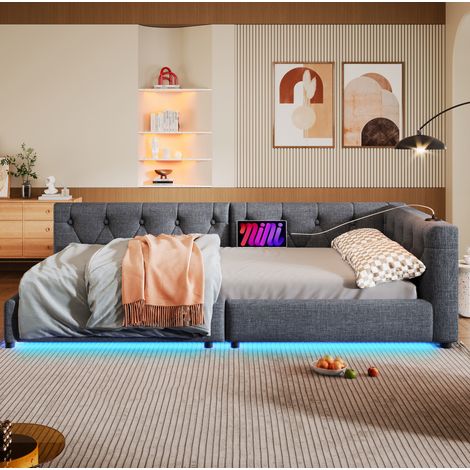 MEUBLIV Lit 90x200 cm gris – LED, USB-C et tête de lit capitonnée, sans matelas (1/5)