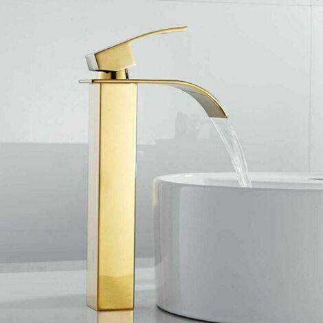 [JAMAIS UTILISÉ] Robinet salle de bain lavabo haut cascade bec pour vasque,Mitigeur eau froide et chau moderne carré chromé trou simple (Doré) (1/4)