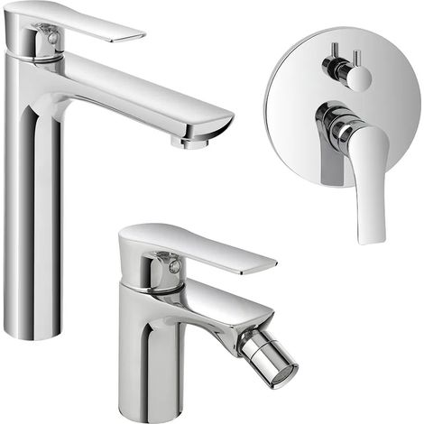 Set miscelatori lavabo alto bidet e doccia con deviatore in ottone Flat (1/5)