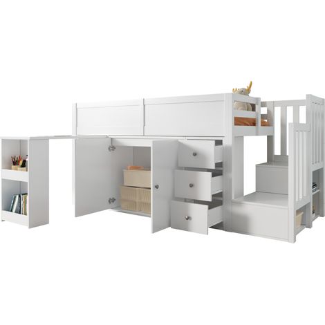 Lit mezzanine enfant 90 x 200 cm multifonction avec bureau escamotable, armoire, tiroir, escalier de rangement et étagère latérale, sans matelas - CHICFURN (1/5)